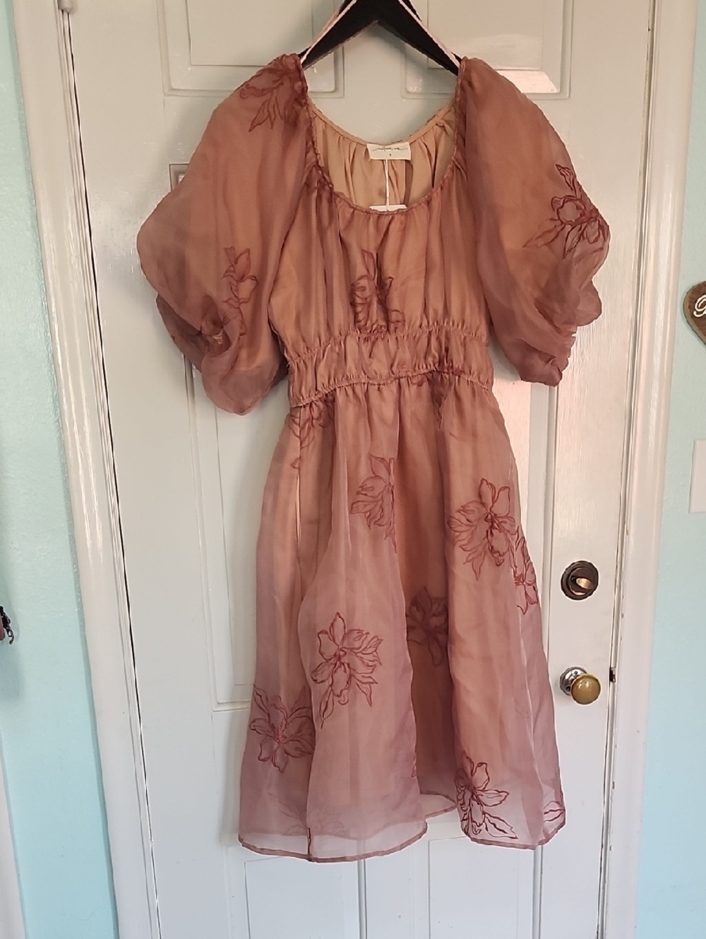 Sheer Embroidered Puff Sleeve Midi Dress in Dusty Rose